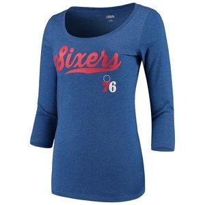 NWT Philadelphia 76ers Women's Jersey 3/4-Sleeve T-Shirt - Royal Blue Small